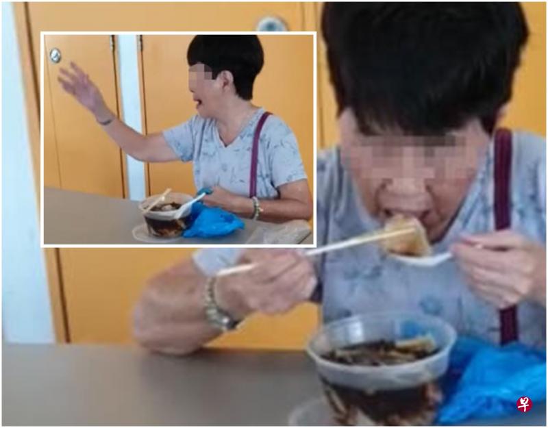 阿嫲不顾安全距离执法人员的劝阻,继续坐下来吃粿汁。(视频截图) 阿嫲不顾安全距离执法人员的劝阻,继续坐下来吃粿汁。(视频截图)