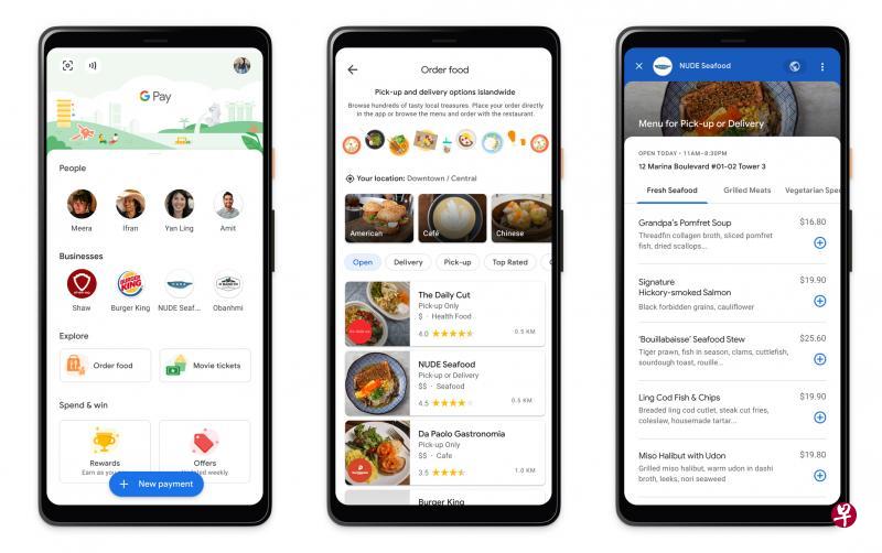 只要打开Google Pay新加坡应用，点击“订餐”功能，用户就可查看超过250家食肆的菜单。（谷歌提供）