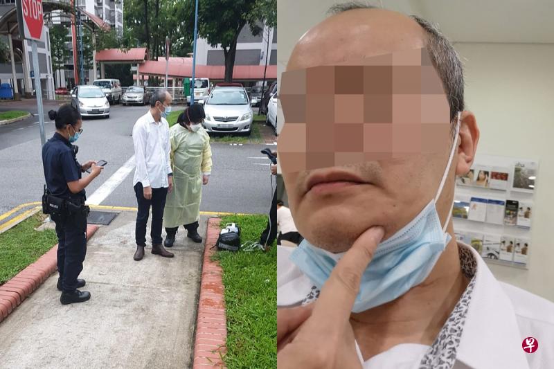 警方与医护人员到场后,为张先生录口供以及检查伤势(左图)。张先生的右耳和脖子被击中,疼得睡不着觉(右图)。(受访者提供) 警方与医护人员到场后,为张先生录口供以及检查伤势(左图)。张先生的右耳和脖子被击中,疼得睡不着觉(右图)。(受访者提供)