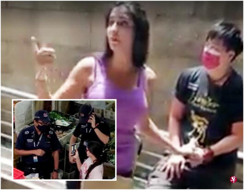 身穿紫色上衣的铁齿嫂与豆干叔的女儿起争执,惊动警察;(小图)两周前她没有戴口罩,被问话时拍警察的照片。(取自面簿) 身穿紫色上衣的铁齿嫂与豆干叔的女儿起争执,惊动警察;(小图)两周前她没有戴口罩,被问话时拍警察的照片。(取自面簿)