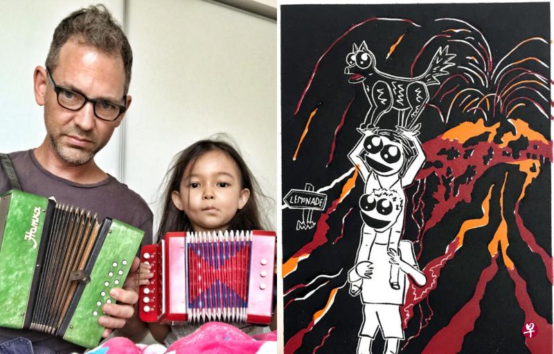 (左图)自从妻子病逝后,马祝安与女儿相依为命,创作故事成了父女俩沟通的桥梁。(右图)父亲背着女儿和宠物狗,在火山熔岩中寻找柠檬水解渴,这个天马行空的故事点子出自八岁的女儿。(受访者提供) (左图)自从妻子病逝后,马祝安与女儿相依为命,创作故事成了父女俩沟通的桥梁。(右图)父亲背着女儿和宠物狗,在火山熔岩中寻找柠檬水解渴,这个天马行空的故事点子出自八岁的女儿。(受访者提供)