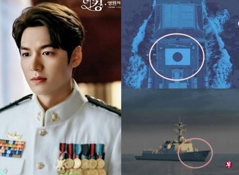 李敏镐(左图)饰演的大韩帝国皇帝以海军造型登场,但制作单位却错用韩国军舰的图像来合成日本军舰(右图)。(互联网) 李敏镐(左图)饰演的大韩帝国皇帝以海军造型登场,但制作单位却错用韩国军舰的图像来合成日本军舰(右图)。(互联网)