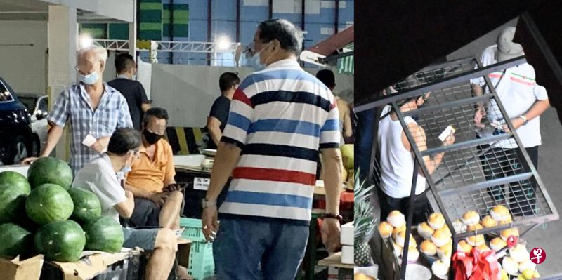 左图:数名阿叔在水果档外聚集,手里拿着现金,互相交谈。右图:男子站在水果摊附近收钱。 左图:数名阿叔在水果档外聚集,手里拿着现金,互相交谈。右图:男子站在水果摊附近收钱。