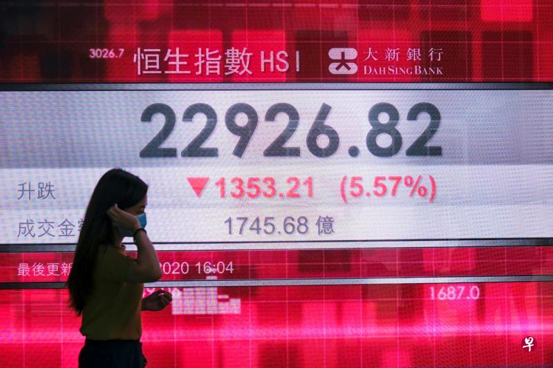 恒生指数去年4月至8月从峰值跌至谷底,跌幅为17.8%,今年冠病疫情也曾导致恐慌性抛售,但昨日的跌幅超过之前的任何一天。图为香港一名女子昨天走过展示恒指数据的电子屏幕。(路透社) 恒生指数去年4月至8月从峰值跌至谷底,跌幅为17.8%,今年冠病疫情也曾导致恐慌性抛售,但昨日的跌幅超过之前的任何一天。图为香港一名女子昨天走过展示恒指数据的电子屏幕。(路透社)