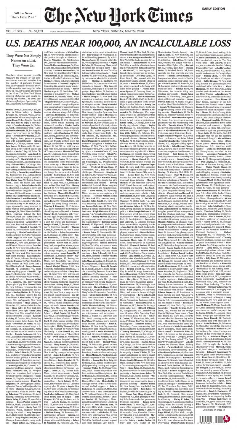《纽约时报》星期天(24日)以标题《美国死亡人数接近10万,是无法估量的损失》刊登了千名冠病罹难者的姓名、年龄及生前信息。在头版副标题上,还写着:“他们不只是名单上的名字。他们曾是我们。”(纽约时报截图) 《纽约时报》星期天(24日)以标题《美国死亡人数接近10万,是无法估量的损失》刊登了千名冠病罹难者的姓名、年龄及生前信息。在头版副标题上,还写着:“他们不只是名单上的名字。他们曾是我们。”(纽约时报截图)