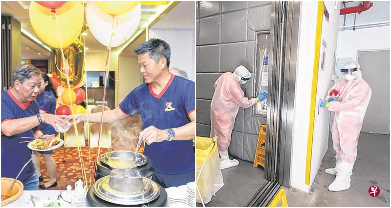 左图:清洁公司Chye Thiam Maintenance总裁陈伟富(右)在去年的公司常年晚宴上招待员工。右图:公司的流行病消毒团队在冠病疫情期间到出现确诊或疑似病例的地方消毒,包括办公室、购物中心、政府设施、住宅,以及客工宿舍。 左图:清洁公司Chye Thiam Maintenance总裁陈伟富(右)在去年的公司常年晚宴上招待员工。右图:公司的流行病消毒团队在冠病疫情期间到出现确诊或疑似病例的地方消毒,包括办公室、购物中心、政府设施、住宅,以及客工宿舍。