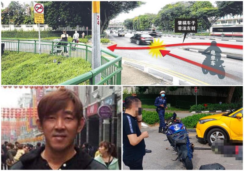 黄色休旅车疑非法左转,撞上电单车骑士,导致骑士郑琩耀(左下图)当场丧命。身穿黑色上衣的肇祸司机事后在一旁打电话。 黄色休旅车疑非法左转,撞上电单车骑士,导致骑士郑琩耀(左下图)当场丧命。身穿黑色上衣的肇祸司机事后在一旁打电话。
