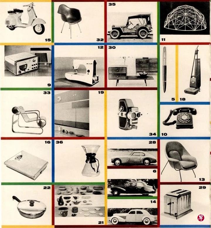 1959年榜单有14项汽车,椅子等家具电器,Olivetti Lettera 22携带式打字机名列榜首。 1959年榜单有14项汽车,椅子等家具电器,Olivetti Lettera 22携带式打字机名列榜首。