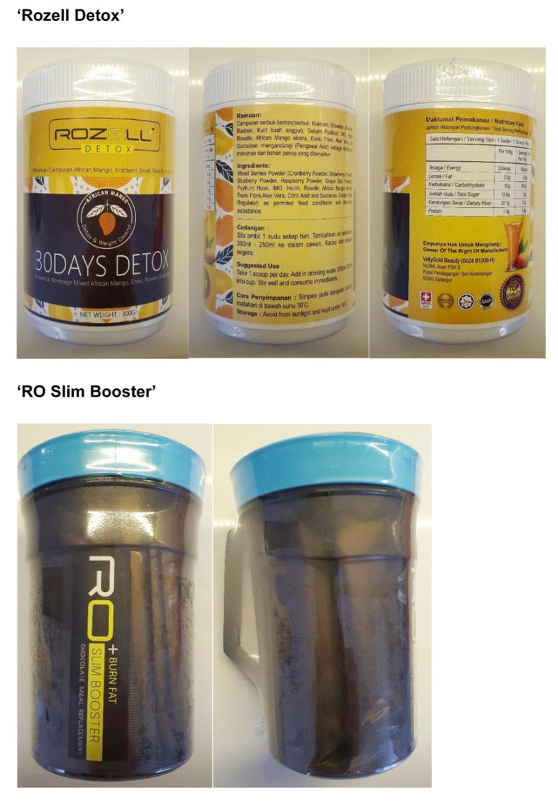 Rozell Detox在销售文案中宣传含有天然成分,如水果粉和水果提取物,RO Slim Booster则被描述成节食控制产品。(卫生科学局提供) Rozell Detox在销售文案中宣传含有天然成分,如水果粉和水果提取物,RO Slim Booster则被描述成节食控制产品。(卫生科学局提供)