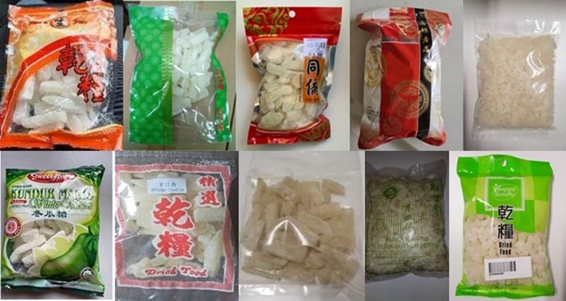 多款冬瓜产品被测出二氧化硫过敏原成分超标,新加坡食品局已下令七家进口商召回相关产品。(新加坡食品局提供) 多款冬瓜产品被测出二氧化硫过敏原成分超标,新加坡食品局已下令七家进口商召回相关产品。(新加坡食品局提供)