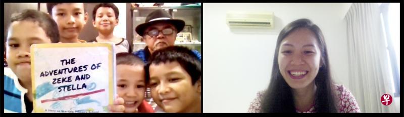 因疫情关系,不能举行讲习班,朱绚慧(右)通过视频通讯与伊德瑞斯一家保持联系。(关怀之圈提供) 因疫情关系,不能举行讲习班,朱绚慧(右)通过视频通讯与伊德瑞斯一家保持联系。(关怀之圈提供)