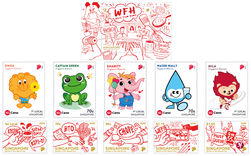 新邮政将在下个月推出两款邮票系列,以新加坡吉祥物和本地特色用语为设计主题。(新邮政提供) 新邮政将在下个月推出两款邮票系列,以新加坡吉祥物和本地特色用语为设计主题。(新邮政提供)