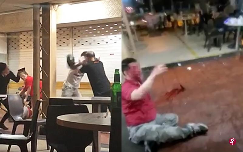 (左图)两班酒客动手打架,砸酒瓶、椅子。(右图)红衣阿叔头部流血,坐在地上求助。(视频截图) (左图)两班酒客动手打架,砸酒瓶、椅子。(右图)红衣阿叔头部流血,坐在地上求助。(视频截图)
