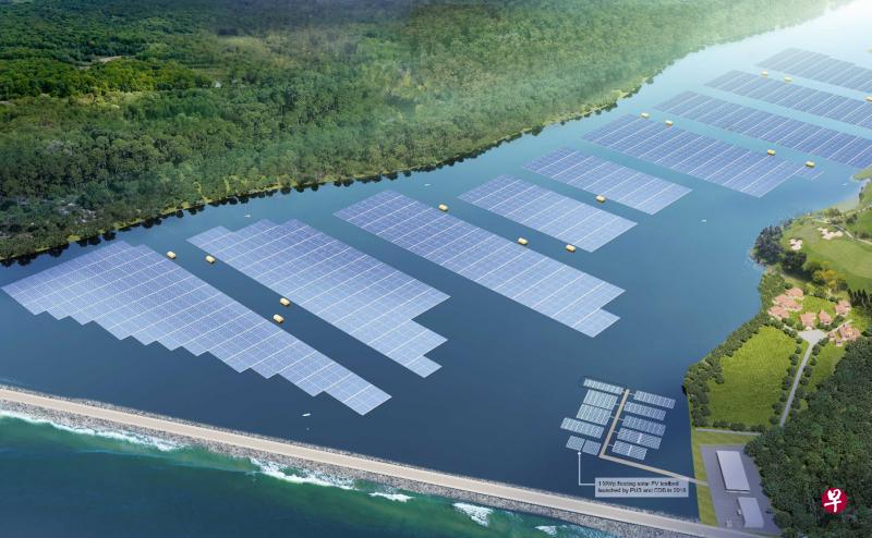 位于登格蓄水池的本地首个大型60兆瓦峰浮动太阳能光伏系统,占地约有45个足球场大小。(构想图由公用局提供) 位于登格蓄水池的本地首个大型60兆瓦峰浮动太阳能光伏系统,占地约有45个足球场大小。(构想图由公用局提供)