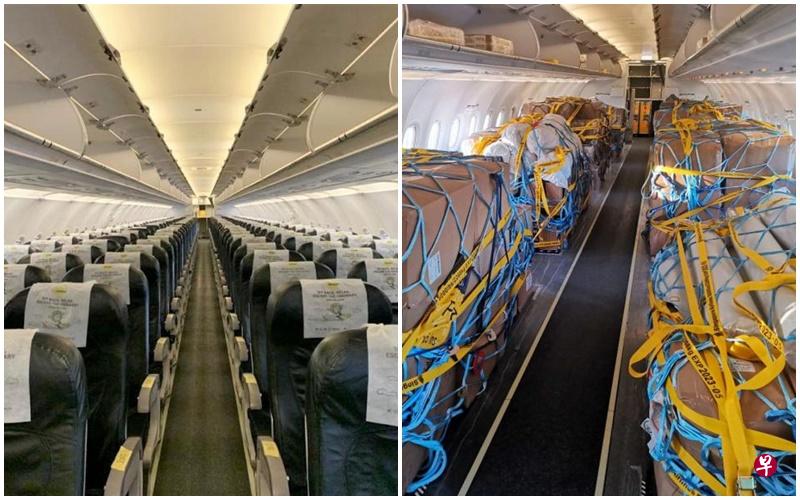 经改装后，酷航旗下这架A320ceo型窄体客机客舱内的座位已拆除。加上一般用来装行李的客机下方“机腹”空间，这架飞机的运货量倍增至近20吨。左图是改装前的座舱模样。（酷航提供）