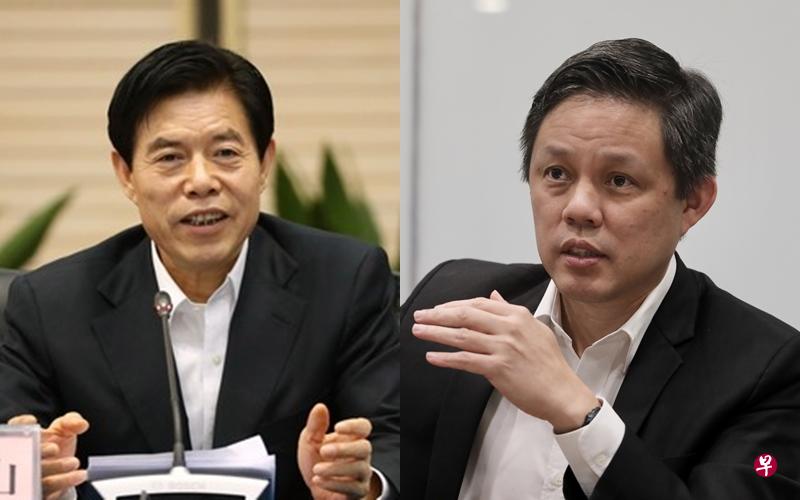 中国商务部长钟山（左图）前天（28日）与新加坡贸工部长陈振声（右图）通话时说，中国愿积极支持亚细安发挥主导作用，实现年底签署区域全面经济伙伴关系协定（RCEP）的目标。（中国商务部官网/陈斌勤摄）
