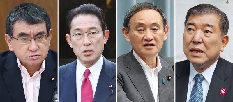 安倍晋三宣布辞职后,执政自民党决定尽快选出新党魁,争取9月17日选出新首相。日本自民党新党魁热门人选包括防卫相河野太郎(左一)、获安倍提拔的自民党政务调查会长岸田文雄(左二)、内阁官房长官菅义伟(左三)和上届党总裁选举挑战安倍失败的前干事长石破茂(左四)。(法新社) 安倍晋三宣布辞职后,执政自民党决定尽快选出新党魁,争取9月17日选出新首相。日本自民党新党魁热门人选包括防卫相河野太郎(左一)、获安倍提拔的自民党政务调查会长岸田文雄(左二)、内阁官房长官菅义伟(左三)和上届党总裁选举挑战安倍失败的前干事长石破茂(左四)。(法新社)