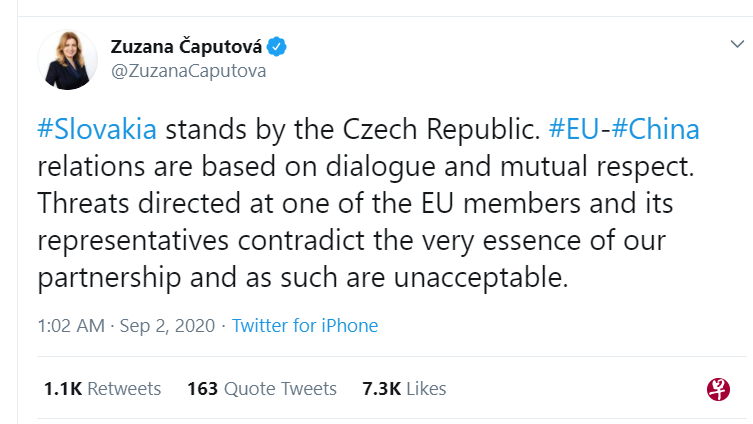 斯洛伐克总统恰普托娃发推文说,欧盟与中国关系是以对话和相互尊重为基础。(恰普托娃推特) 斯洛伐克总统恰普托娃发推文说,欧盟与中国关系是以对话和相互尊重为基础。(恰普托娃推特)