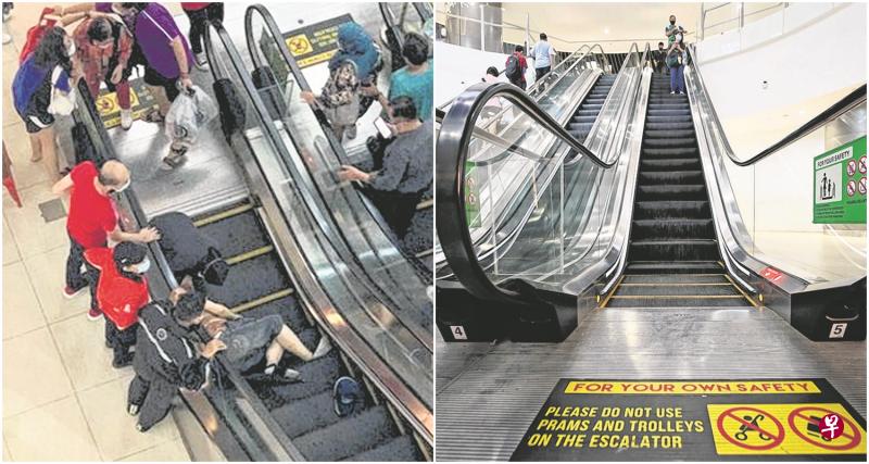 左图:七旬阿伯滚下电扶梯后,倒地不起,一度站不起来。(读者提供)右图:山乐坊的电扶梯上清楚列明安全事项,包括禁止公众在乘搭电扶梯时使用手推车和婴儿车。(严宣融摄) 左图:七旬阿伯滚下电扶梯后,倒地不起,一度站不起来。(读者提供)右图:山乐坊的电扶梯上清楚列明安全事项,包括禁止公众在乘搭电扶梯时使用手推车和婴儿车。(严宣融摄)