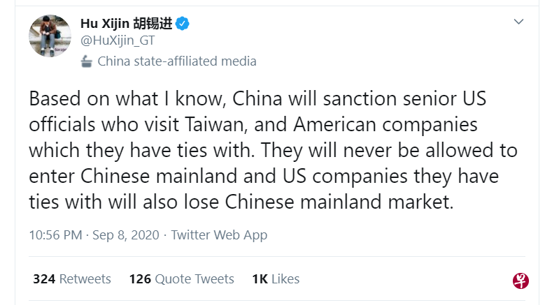 《环球时报》总编辑胡锡进昨天发推文称,据他所知,中国将制裁访台的美国高层官员以及与他们有关联的美国企业。(胡锡进推特) 《环球时报》总编辑胡锡进昨天发推文称,据他所知,中国将制裁访台的美国高层官员以及与他们有关联的美国企业。(胡锡进推特)