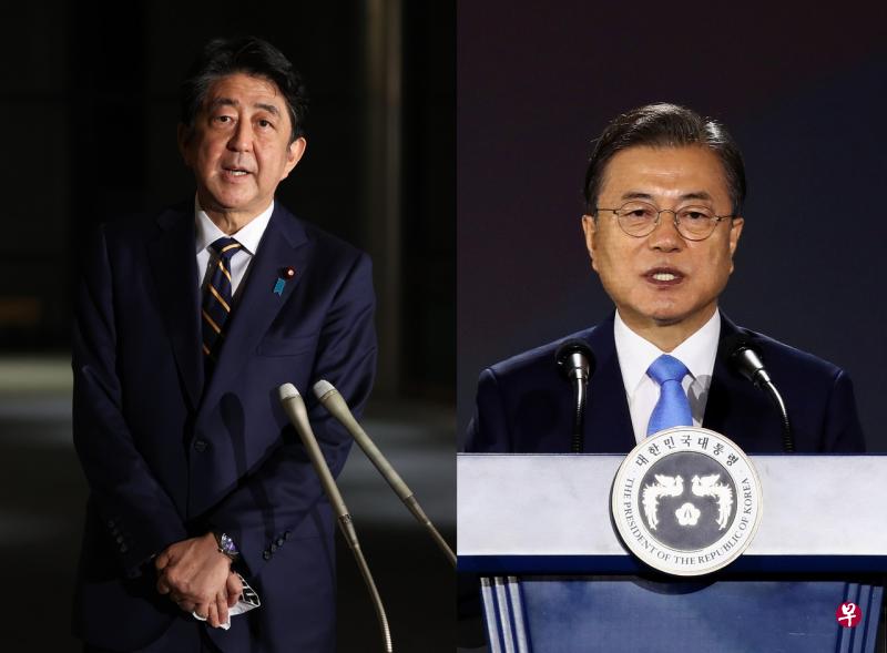 民调显示,逾九成的韩国人对日前辞任的日本首相安倍晋三(左图、法新社)表示不信任,而近八成的日本民众称不信任韩国总统文在寅(右图、路透社)。 民调显示,逾九成的韩国人对日前辞任的日本首相安倍晋三(左图、法新社)表示不信任,而近八成的日本民众称不信任韩国总统文在寅(右图、路透社)。