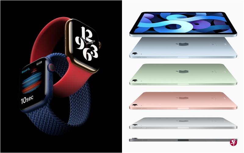 左:苹果新一代智能手表Apple Watch Series 6。右:苹果新款平板电脑iPad Air。(苹果公司提供) 左:苹果新一代智能手表Apple Watch Series 6。右:苹果新款平板电脑iPad Air。(苹果公司提供)