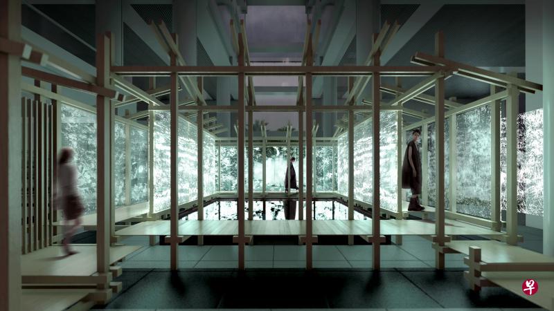 今年获选的展亭像东方传统建筑围绕天井的回廊,将能发光展示图文的LES玻璃屏包住,抽象的图案在玻璃中幻影般显现,倒影在池中央。(建筑节提供) 今年获选的展亭像东方传统建筑围绕天井的回廊,将能发光展示图文的LES玻璃屏包住,抽象的图案在玻璃中幻影般显现,倒影在池中央。(建筑节提供)