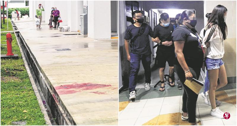 左图:组屋楼下的人行道留有大片血迹,相信该处就是死者卧尸的地方。右图:单位内还有65岁狮城男和33岁外国女子也遭逮捕,两人被带出单位时神情淡定。 左图:组屋楼下的人行道留有大片血迹,相信该处就是死者卧尸的地方。右图:单位内还有65岁狮城男和33岁外国女子也遭逮捕,两人被带出单位时神情淡定。