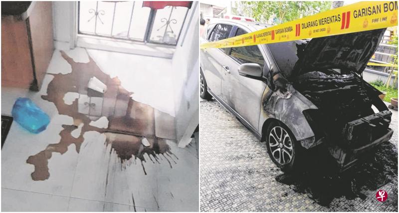 左图:本月2日晚上9时许,跑腿到菜市组屋区的陈家骚扰,往地上泼了一杯美禄和杂菜饭。右图:本月6日凌晨1时许,歹徒派人到陈太太的居銮老家引爆汽油弹,把八旬父亲刚买不久的新车烧毁。(受访者提供) 左图:本月2日晚上9时许,跑腿到菜市组屋区的陈家骚扰,往地上泼了一杯美禄和杂菜饭。右图:本月6日凌晨1时许,歹徒派人到陈太太的居銮老家引爆汽油弹,把八旬父亲刚买不久的新车烧毁。(受访者提供)