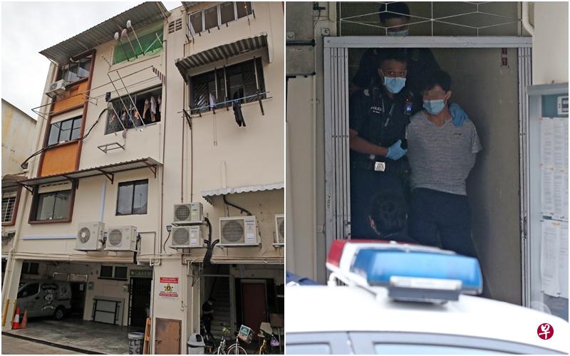 (左)位于史蒂尔路的事发单位。(右)灰衣男被警察扣上手铐带走。(潘丰源,刘启成摄) (左)位于史蒂尔路的事发单位。(右)灰衣男被警察扣上手铐带走。(潘丰源,刘启成摄)