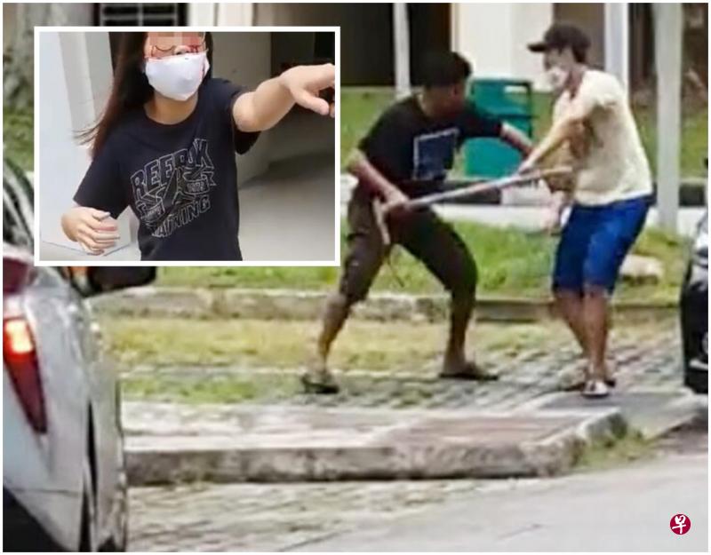 被砍伤的女子脸部流血逃命;休班警员表现英勇,拿着锄头与持刀的狂汉对峙。 被砍伤的女子脸部流血逃命;休班警员表现英勇,拿着锄头与持刀的狂汉对峙。