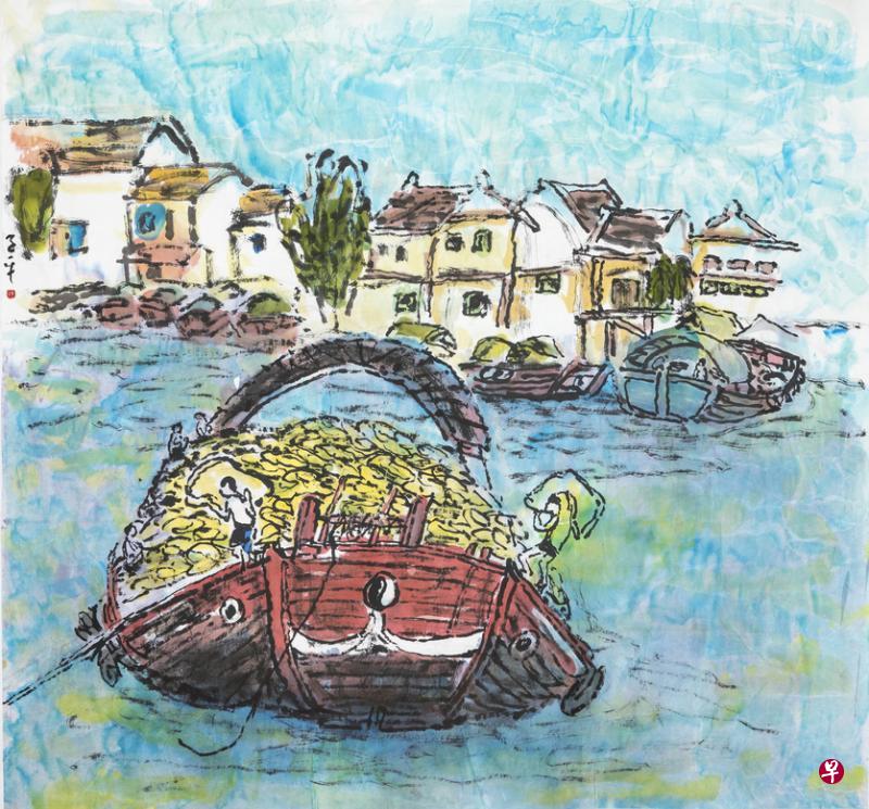 画家林子平根据记忆新创作的新加坡河早年驳船码头景象。(画廊提供) 画家林子平根据记忆新创作的新加坡河早年驳船码头景象。(画廊提供)