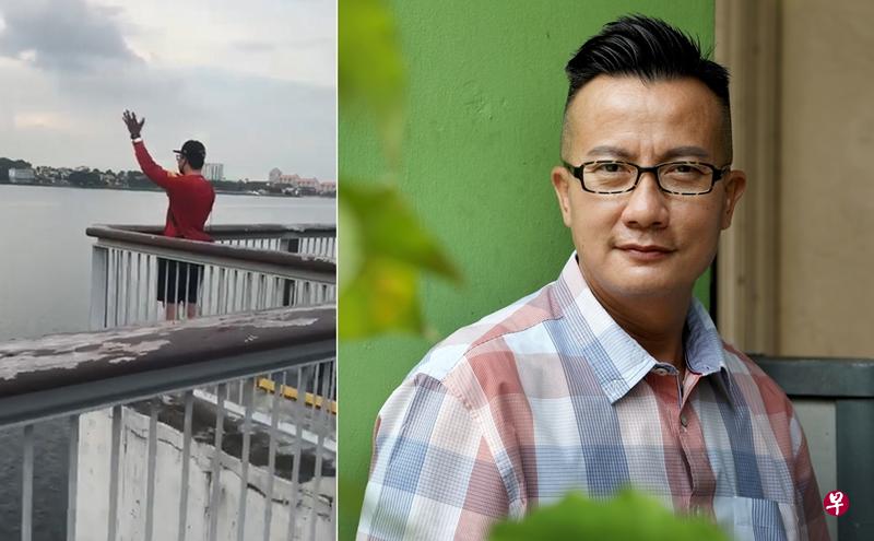 男子一边和对岸的妻儿视讯,一边向他们招手(右图)。(严宣融摄) 男子一边和对岸的妻儿视讯,一边向他们招手(右图)。(严宣融摄)
