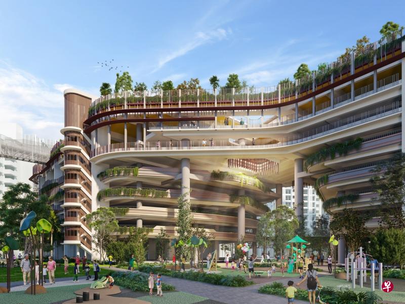 有别于一般多层停车场只规划为停车用途,登加预购组屋项目Parc Residences@Tengah的多层停车场设有更多无车通行的社区空间,让居民使用。(构想图由建屋局提供) 有别于一般多层停车场只规划为停车用途,登加预购组屋项目Parc Residences@Tengah的多层停车场设有更多无车通行的社区空间,让居民使用。(构想图由建屋局提供)