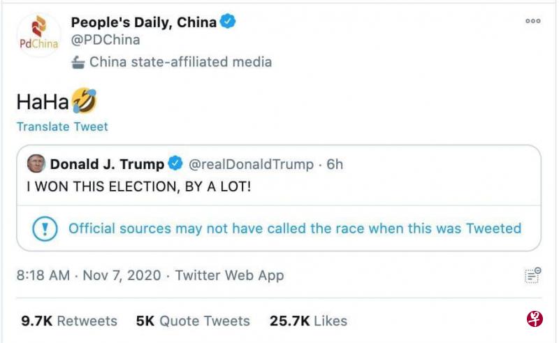 《人民日报》在推特上嘲讽特朗普声称自己在选举中“赢很多”,推文虽无法在《人民日报》账号上找到,但相关截图在网上流传。(互联网) 《人民日报》在推特上嘲讽特朗普声称自己在选举中“赢很多”,推文虽无法在《人民日报》账号上找到,但相关截图在网上流传。(互联网)