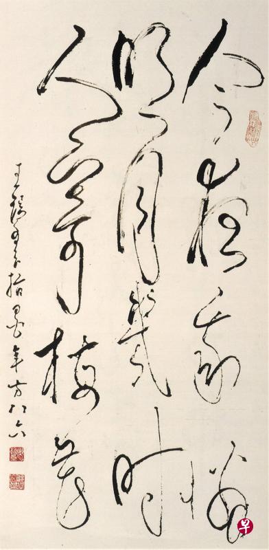 王瑞璧草书中堂《风虎》(1989,左图)和《今夜我怜明月,几时人寄梅花》(1989,右图)。(主办方提供) 王瑞璧草书中堂《风虎》(1989,左图)和《今夜我怜明月,几时人寄梅花》(1989,右图)。(主办方提供)