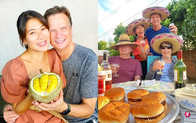 李心钰(左图左)最近成功让老公愿意品尝讨厌的榴梿。李心钰和老公(右图后排)飞到加州探望家公家婆。(李心钰提供) 李心钰(左图左)最近成功让老公愿意品尝讨厌的榴梿。李心钰和老公(右图后排)飞到加州探望家公家婆。(李心钰提供)