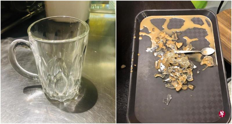 傅女士茶喝到一半,玻璃杯突然然爆裂,碎成近40多片。(受访者提供) 傅女士茶喝到一半,玻璃杯突然然爆裂,碎成近40多片。(受访者提供)