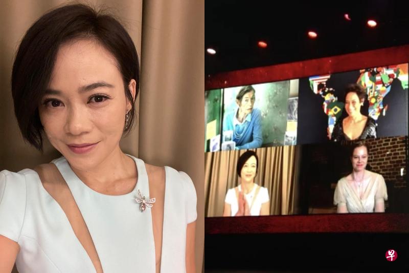 (左图)正在居家隔离的杨雁雁,以视讯方式参与盛会。(右图)杨雁雁觉得本届视后格兰达杰逊(左上角)是如神话般的演员。(受访者提供/直播画面截图) (左图)正在居家隔离的杨雁雁,以视讯方式参与盛会。(右图)杨雁雁觉得本届视后格兰达杰逊(左上角)是如神话般的演员。(受访者提供/直播画面截图)