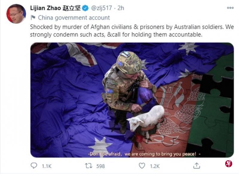 中国外交部发言人赵立坚昨天在推特上发布身穿澳大利亚军装的男子持刀要挟孩童的漫画。(赵立坚推特) 中国外交部发言人赵立坚昨天在推特上发布身穿澳大利亚军装的男子持刀要挟孩童的漫画。(赵立坚推特)