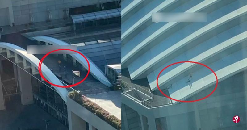 青年在滨海湾金沙顶层多处游走,疑违例擅闯“禁区”。(取自网络) 青年在滨海湾金沙顶层多处游走,疑违例擅闯“禁区”。(取自网络)