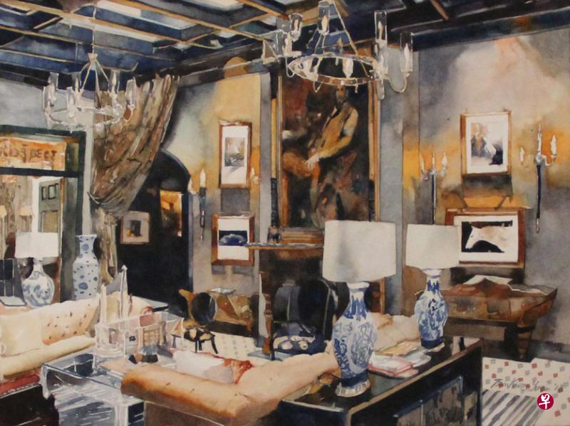 谭钧元水彩画《豪华的室内装潢》取材独特，细腻画出酒店的油画、陶瓷灯盏与沙发等营造的氛围。（主办方提供）
