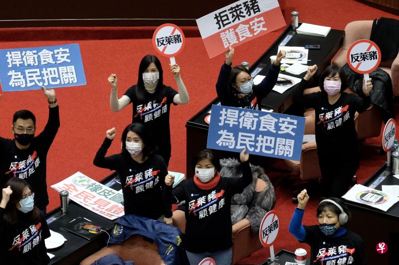 在野的国民党立委今天在立法院举起标语,反对台湾准许进口美国莱猪。(法新社) 在野的国民党立委今天在立法院举起标语,反对台湾准许进口美国莱猪。(法新社)