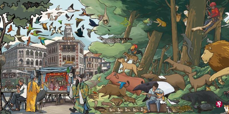 ←(左)插画艺术家萧仁杰和李欣立在奎因街合作壁画《不自然的历史》。 ←(左)插画艺术家萧仁杰和李欣立在奎因街合作壁画《不自然的历史》。