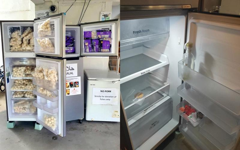 (左图)好心人士于本周一捐出一整冰箱的鱿鱼丸和墨鱼丸,填满淡滨尼43街第441座租赁组屋底层的“爱心冰箱”。(右图)时政网站“慈母舰”于周三傍晚走访现场时发现,爱心冰箱已是空荡荡。(取自马炎庆推特/取自慈母舰面簿) (左图)好心人士于本周一捐出一整冰箱的鱿鱼丸和墨鱼丸,填满淡滨尼43街第441座租赁组屋底层的“爱心冰箱”。(右图)时政网站“慈母舰”于周三傍晚走访现场时发现,爱心冰箱已是空荡荡。(取自马炎庆推特/取自慈母舰面簿)