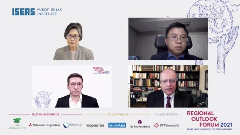 新加坡外交部巡回大使陈庆珠教授(上排左起)、北京大学中外人文交流研究基地执行主任王栋、美国企业研究所外交与国防政策研究员库珀(下排左起),以及印度前外交官梅农,昨天参与了尤索夫伊萨东南亚研究院举办的2021年区域展望论坛。(ISEAS提供) 新加坡外交部巡回大使陈庆珠教授(上排左起)、北京大学中外人文交流研究基地执行主任王栋、美国企业研究所外交与国防政策研究员库珀(下排左起),以及印度前外交官梅农,昨天参与了尤索夫伊萨东南亚研究院举办的2021年区域展望论坛。(ISEAS提供)