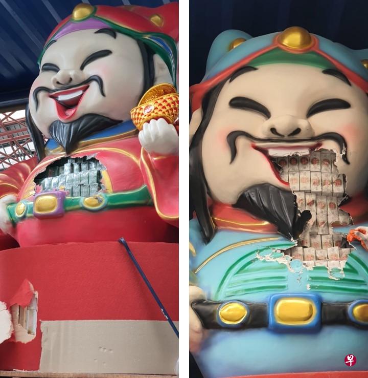 执法人员将两米高笑容可掬的“财神爷”敲破后,从肚里起获不同牌子的漏税烟。(取自移民与关卡局面簿) 执法人员将两米高笑容可掬的“财神爷”敲破后,从肚里起获不同牌子的漏税烟。(取自移民与关卡局面簿)