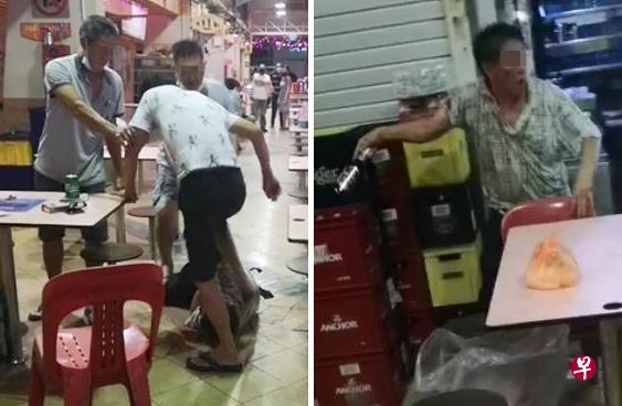 银发叔倒地,白衣叔还上前踩踏数脚;右图为银发叔虽然头破血流,但还是拿起一瓶啤酒试图反击。(视频截图) 银发叔倒地,白衣叔还上前踩踏数脚;右图为银发叔虽然头破血流,但还是拿起一瓶啤酒试图反击。(视频截图)