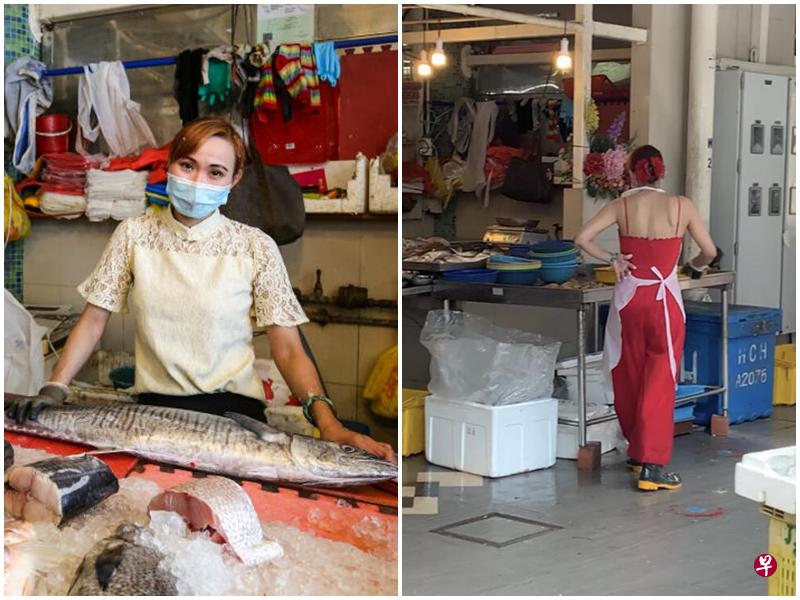 (左)黄淑玲每天打扮美美,到大巴窑湿巴刹卖鱼。(右)卖鱼姐身穿红色吊带连身裤,头上系着红花发饰, 打扮引人注目。 (读者提供) (左)黄淑玲每天打扮美美,到大巴窑湿巴刹卖鱼。(右)卖鱼姐身穿红色吊带连身裤,头上系着红花发饰, 打扮引人注目。 (读者提供)