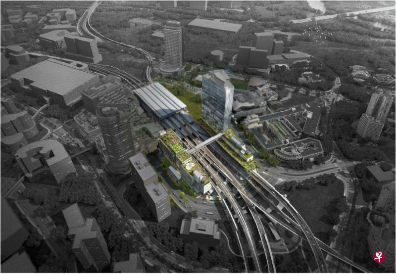 裕廊东综合交通中心的27层楼高建筑,将通过横跨地铁轨道的空中天桥,与对面八层楼高的群楼连接起来。(陆交局提供构想图) 裕廊东综合交通中心的27层楼高建筑,将通过横跨地铁轨道的空中天桥,与对面八层楼高的群楼连接起来。(陆交局提供构想图)
